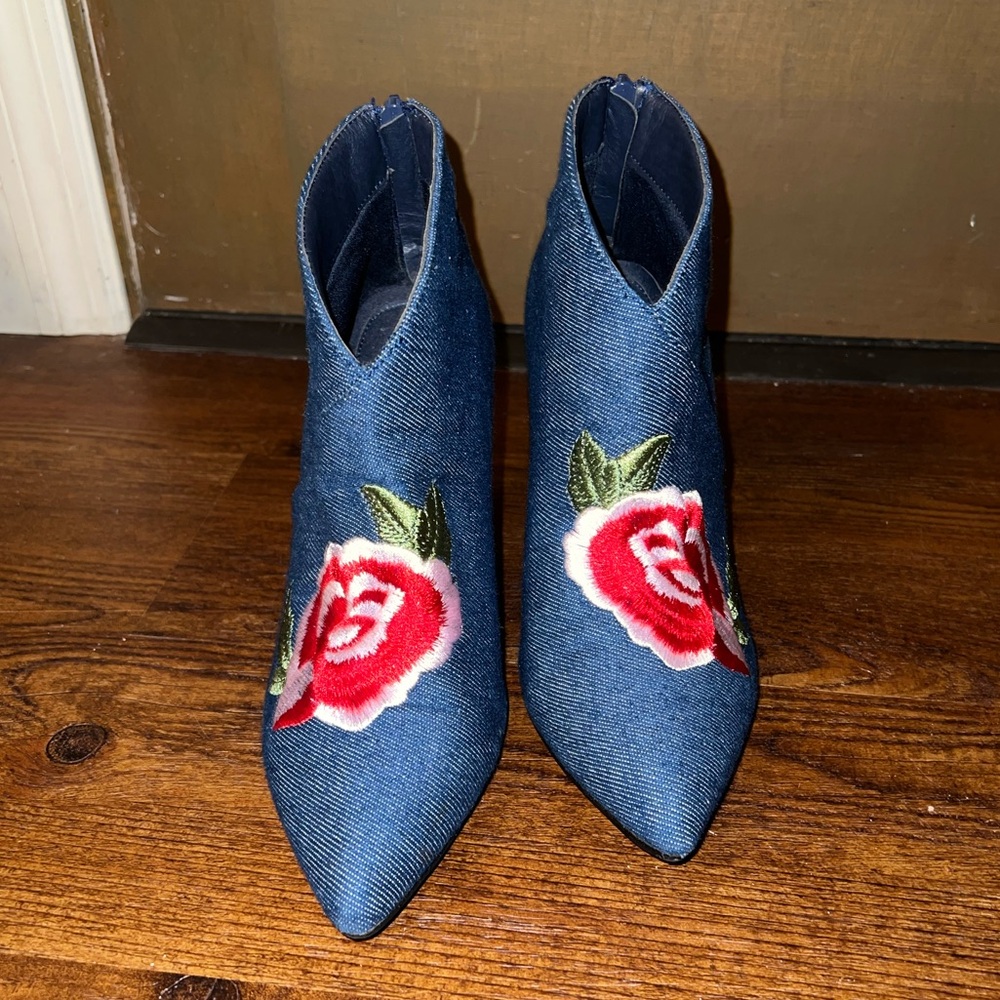 Blue Denim Floral Rose Embroidered Stiletto Heel Y2K Fashion Ankle Boots Size 9 - Picture 7 of 12
